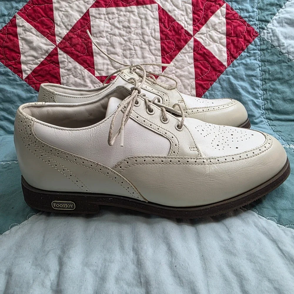 Footjoy Europa Collection White Cream Wingtip Spiked Leather Golf Shoes Mens